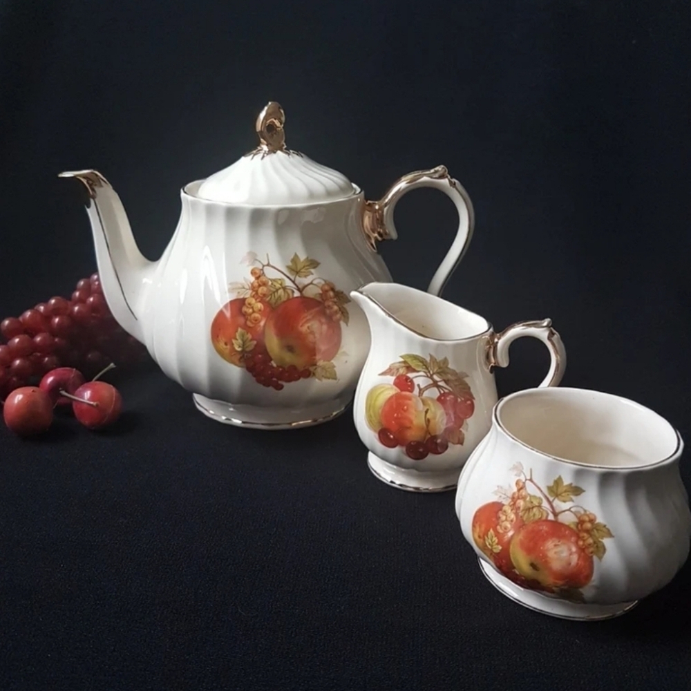 1950s Sadler Teapot Set with Fruit Design with Cream and Sugar Bowl